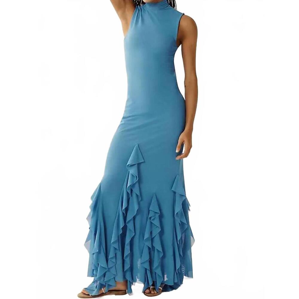 NEW ESPECIA aneta long dress with ruffle hem in blue